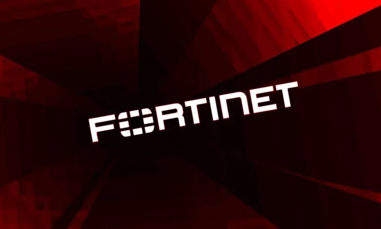 The Fortinet logo in white against a dark red, abstract background.