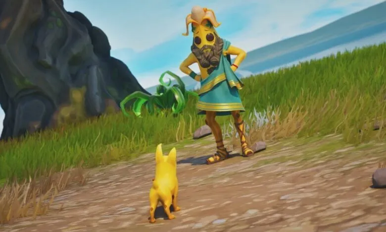 A yellow dog-like character faces a banana-themed character in a grassy, outdoor environment.