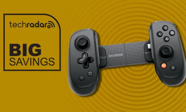 Backbone One mobile gaming controller on a yellow background with TechRadar logo and 'Big Savings' text.