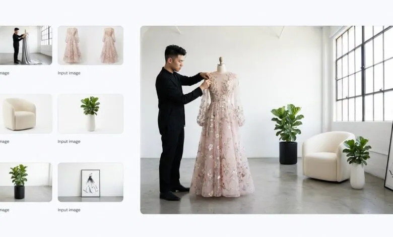 A fashion designer adjusts a floral-embroidered gown on a mannequin in a bright studio.