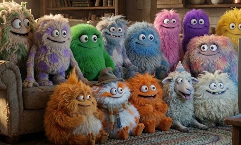 A diverse group of colorful, fluffy monsters and a sheep sitting together, watching television.