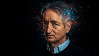 Portrait of Geoffrey Hinton with glowing neural network connections emanating from his head.