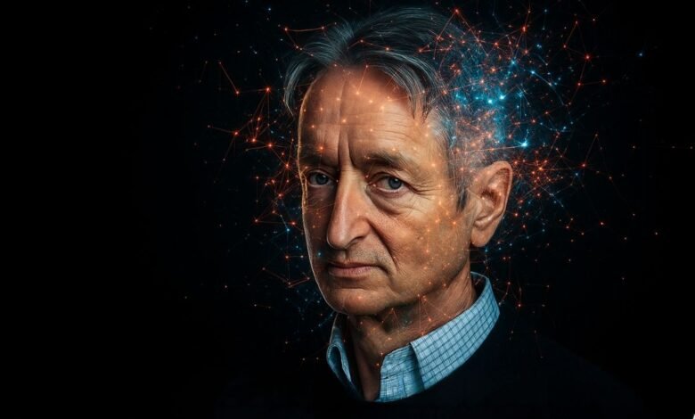 Portrait of Geoffrey Hinton with glowing neural network connections emanating from his head.