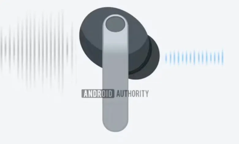 Close-up of a dark gray wireless earbud with a silver stem, against a white background with sound wave graphics.