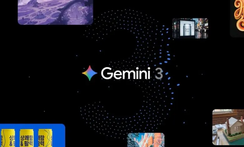 Gemini 3 logo with surrounding images on a black background.