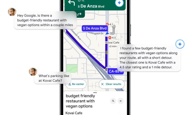 Google Maps interface showing a navigation route with AI-powered conversational search results.