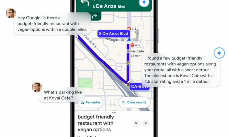 Smartphone displaying Google Maps with a route and conversational AI prompts.