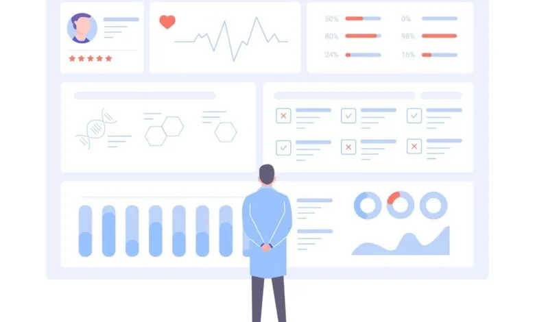 Doctor viewing a digital dashboard with medical data, charts, and graphs.