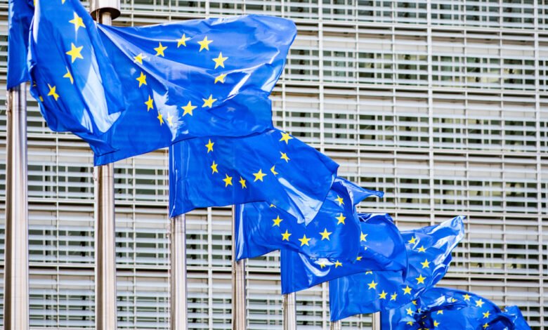 Multiple European Union flags waving in front of a modern building.