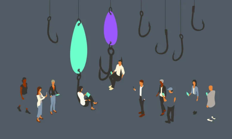 Illustration of people being lured by digital phishing hooks.