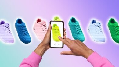 Person browsing colorful sneakers on a smartphone app.