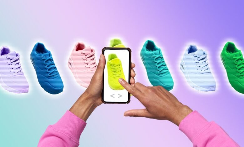Person browsing colorful sneakers on a smartphone app.