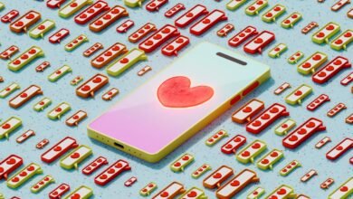 A smartphone displays a glowing heart, surrounded by numerous chat bubbles with hearts.