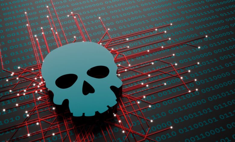 A teal skull icon connected by red lines and glowing nodes on a dark background with binary code.