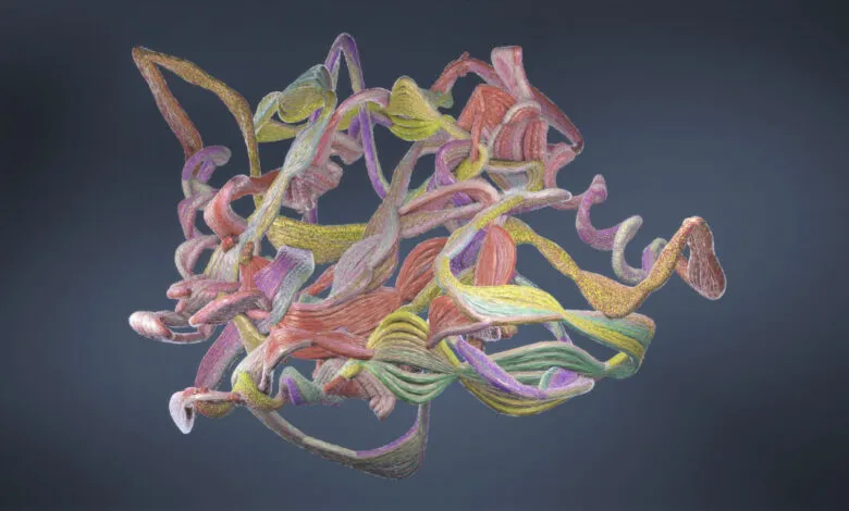 Abstract 3D rendering of a complex protein structure with colorful, intertwined strands.