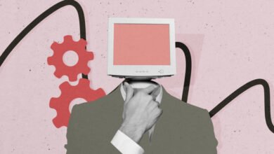 Man with a computer monitor for a head, touching his chin, with gears in the background.