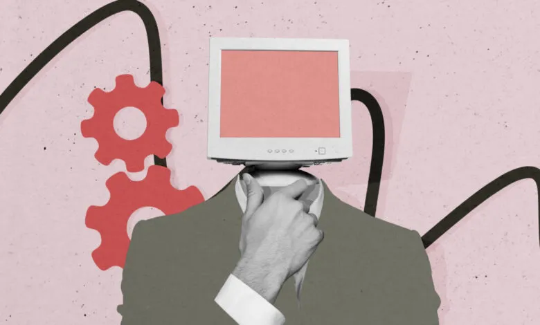 Man with a computer monitor for a head, touching his chin, with gears in the background.