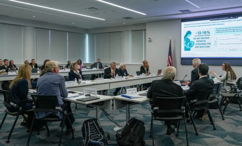 Attendees at a meeting discussing hepatitis B vaccination for pregnant women and newborns.