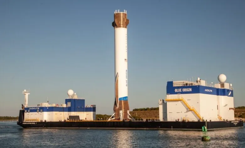Blue Origin's New Glenn rocket stands tall on the Jacklyn landing vessel at Port Canaveral.