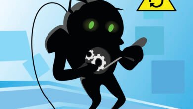 A black cartoon robot with glowing green eyes repairs its own internal gears.