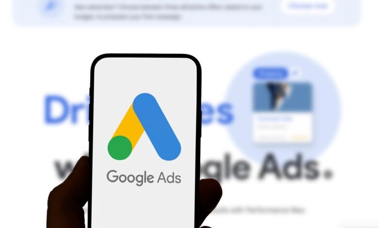 Close-up of a smartphone displaying the Google Ads logo.