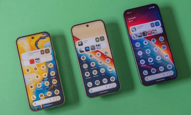 Three smartphones displaying colorful app icons and widgets on a green background.