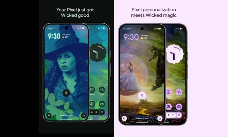 Two Google Pixel phones displaying 'Wicked' themed wallpapers and icons.