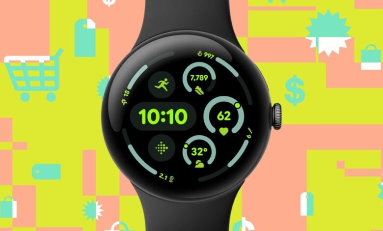 Close-up of a black Google Pixel Watch displaying fitness and time data.