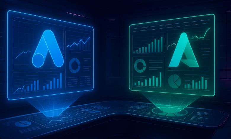 Two glowing screens display data visualizations and logos in blue and green.