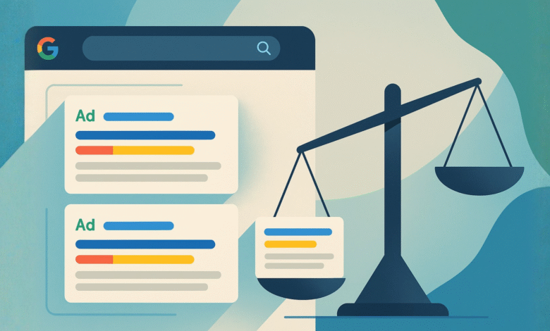 Illustration of Google search results with ads and a balance scale.