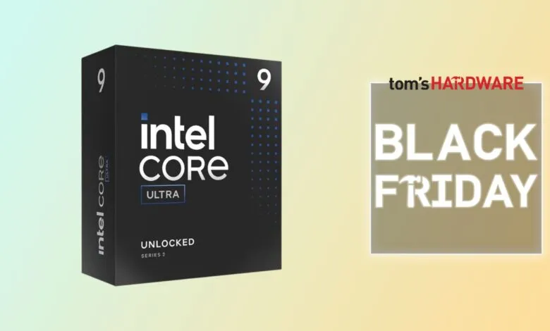 Intel Core Ultra 9 processor box next to a Black Friday sale graphic.