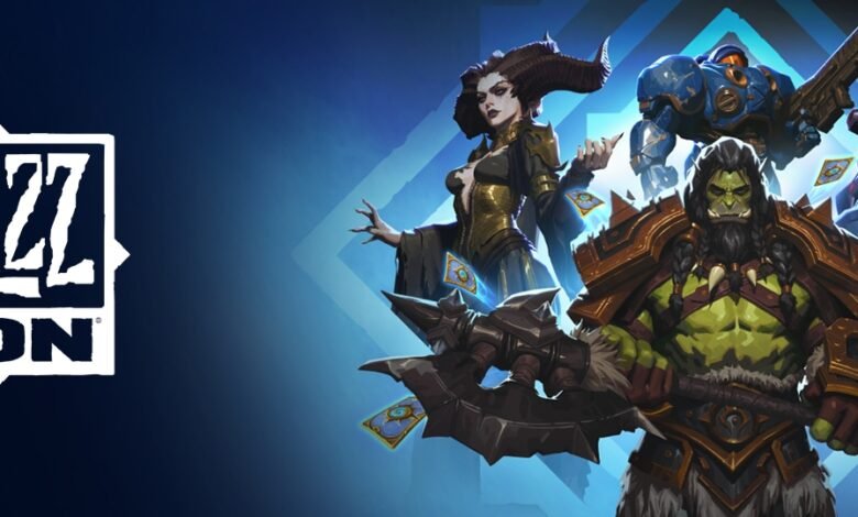 BlizzCon logo with characters from Blizzard games including an Orc, a demoness, and a space marine.