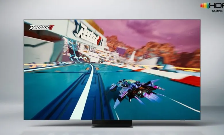 Futuristic racing game 'Redout 2' displayed on a modern TV screen with HDR+ Gaming logo.