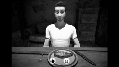 Monochrome image of a man seated at a table with a steak.