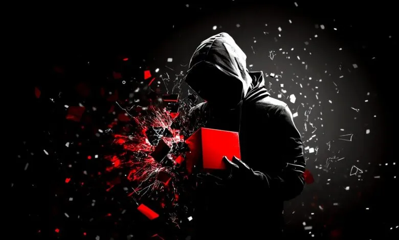 Silhouette of a hooded figure holding a red cube, with fragments exploding outwards.
