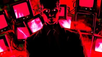 Man with glowing red eyes surrounded by screens displaying red light.