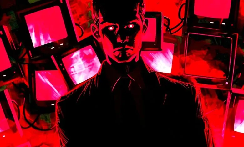 Man with glowing red eyes surrounded by screens displaying red light.