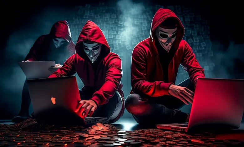 Three figures in red hoodies and Guy Fawkes masks using laptops, surrounded by coins.