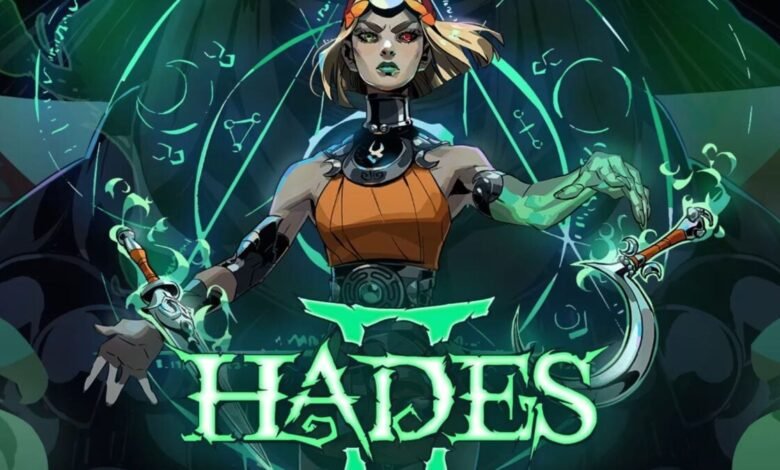 Artwork of a female character from Hades game holding swords with green magical effects.