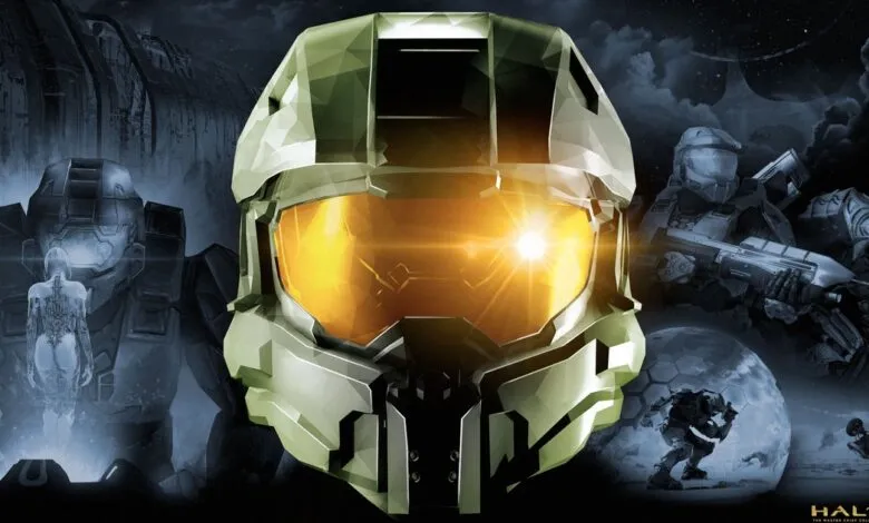 Master Chief's helmet with a bright lens flare, surrounded by Halo game imagery.