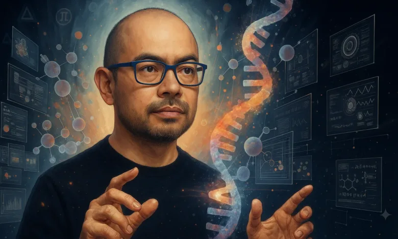 Man in glasses gesturing towards a glowing DNA helix and scientific data displays.