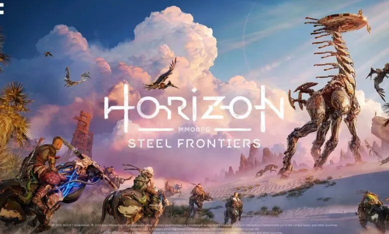 Horizon MMORPG Steel Frontiers key art with robotic creatures and riders.