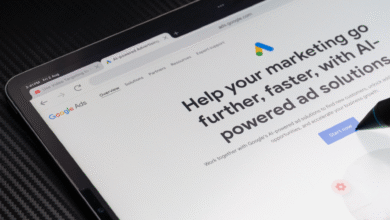 Close-up of a tablet screen displaying the Google Ads interface with AI-powered solutions.