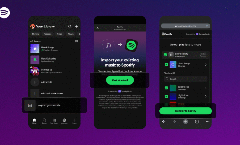 Screenshots showing how to import music playlists to Spotify using TuneMyMusic.