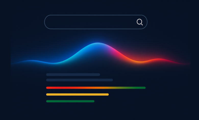 Abstract representation of search results with a glowing waveform and colored bars.