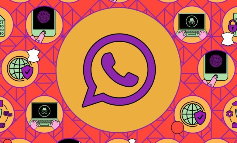 WhatsApp logo surrounded by icons representing digital security and privacy.