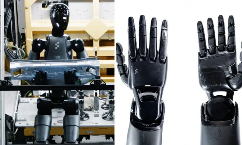 A humanoid robot holding a car part, with close-ups of its robotic hands.
