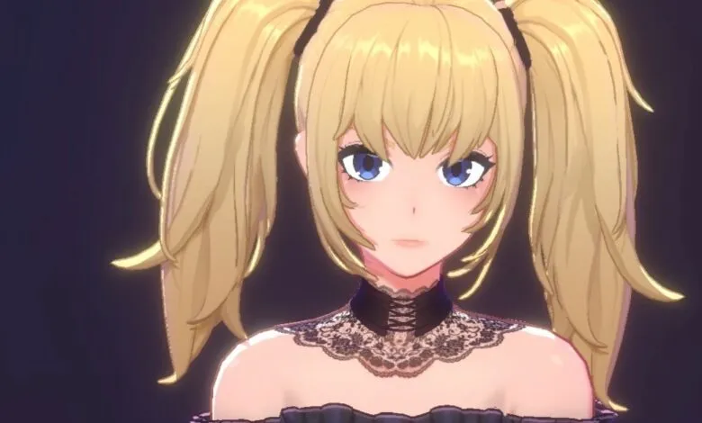 Anime character with blonde pigtails and blue eyes wearing a black lace choker.