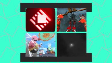 Four-panel collage with gaming and abstract elements on a patterned background.