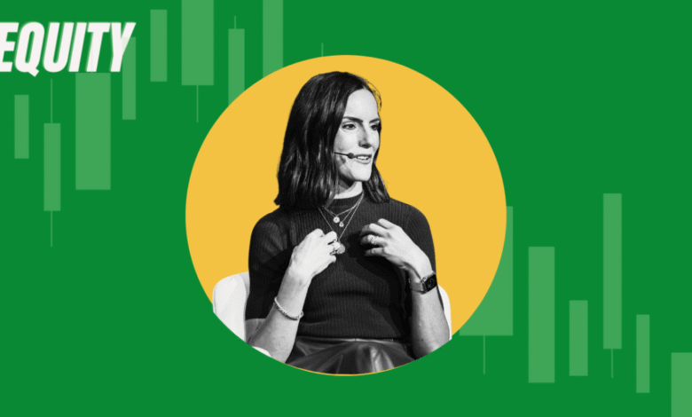 Jennifer Neundorfer speaking on stage with 'EQUITY' logo and stock chart background